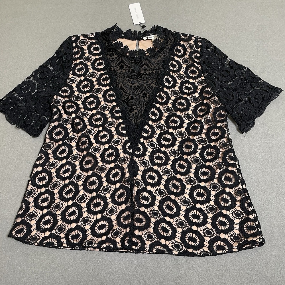 Women's Lace Velvet‎ Contrast Illusion Shirt Top Large Sheer Mock Neck Goth Nude